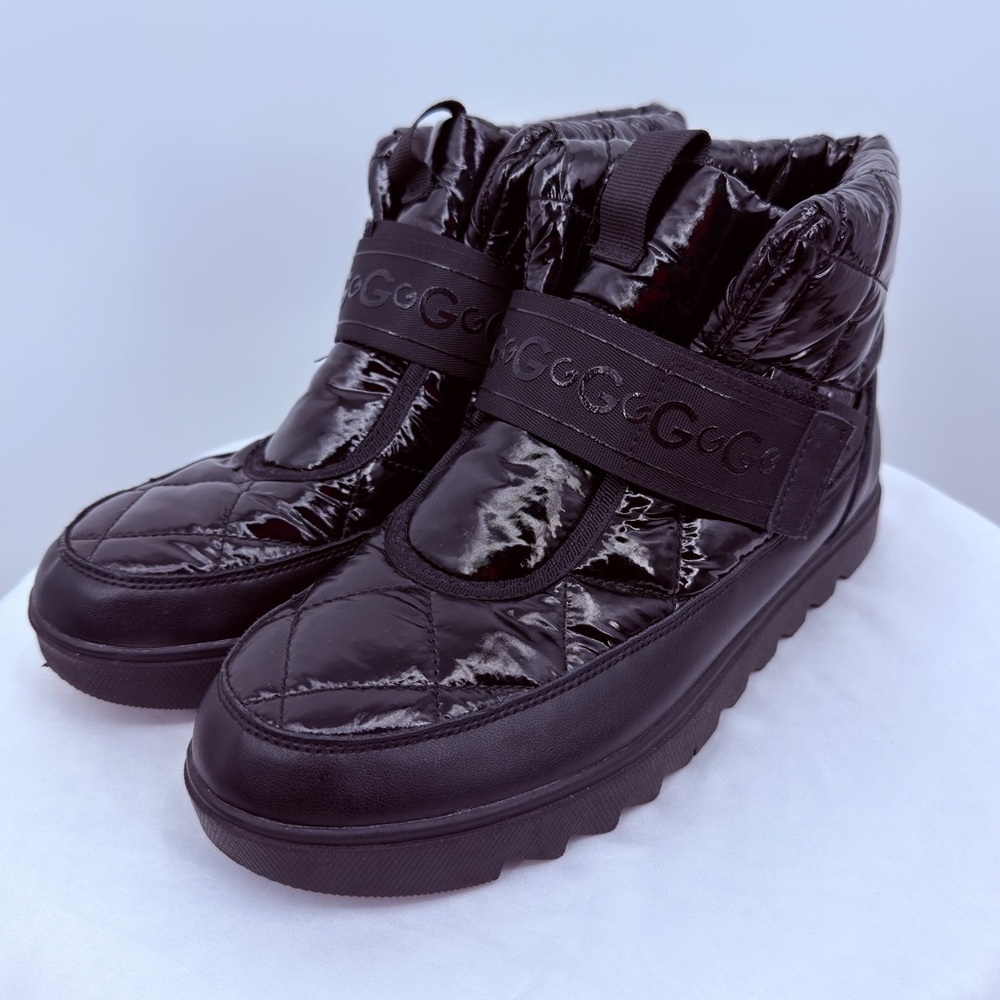 GBG Los Angeles Black Patent Puffer Boots 9.5M Quilted Winter Snow Shoes